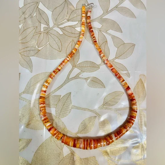 Southwestorange spiny oyster heishi beads Graduated necklace Sterling Clasp 16